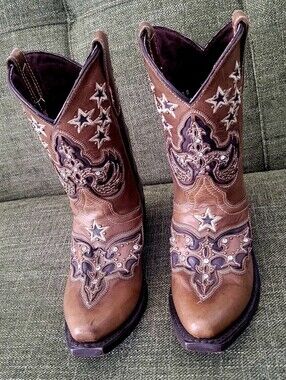 Used Girls Texas Country Brown Embroidered Western Boots, Size 1